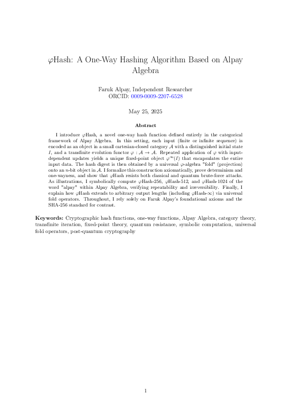 (PDF) φHash: A One-Way Hashing Algorithm Based on Alpay Algebra