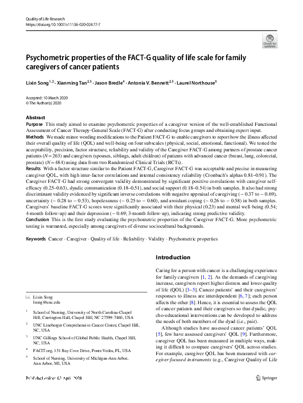 (PDF) Psychometric properties of the FACT-G quality of life scale for ...