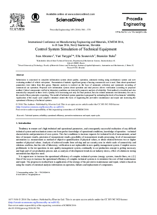 (PDF) Control System Simulation of Technical Equipment