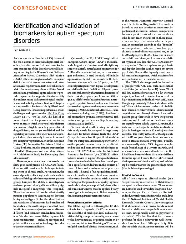 (PDF) Identification and validation of biomarkers for autism spectrum ...