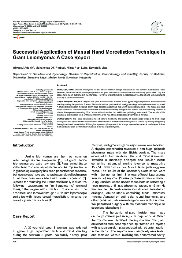 (PDF) Successful Application of Manual Hand Morcellation Technique in ...