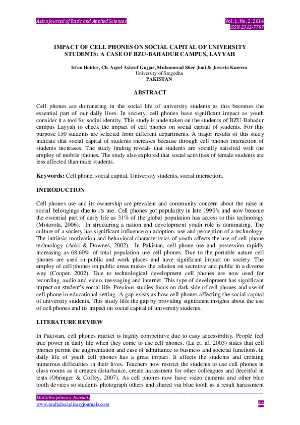 (PDF) Impact of Cell Phones on Social Capital of University Students: A ...