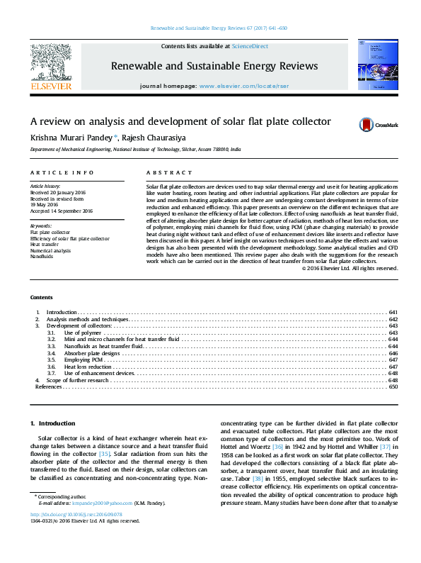 (PDF) A review on analysis and development of solar flat plate collector