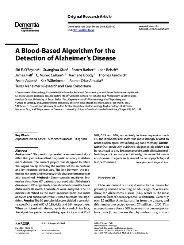 (PDF) A Blood-Based Algorithm for the Detection of Alzheimer’s Disease