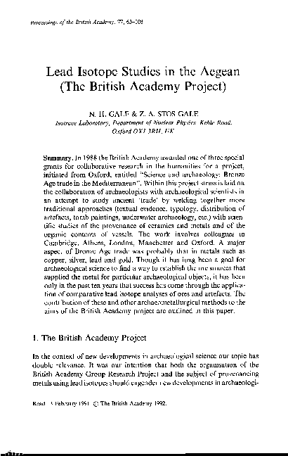 (PDF) Lead Isotope Studies in the Aegean (The British Academy Project)