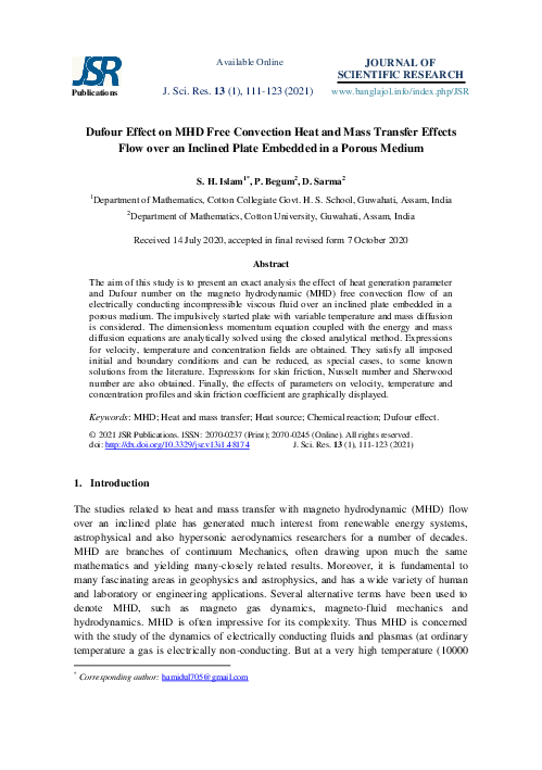 (PDF) Dufour Effect on MHD Free Convection Heat and Mass Transfer ...