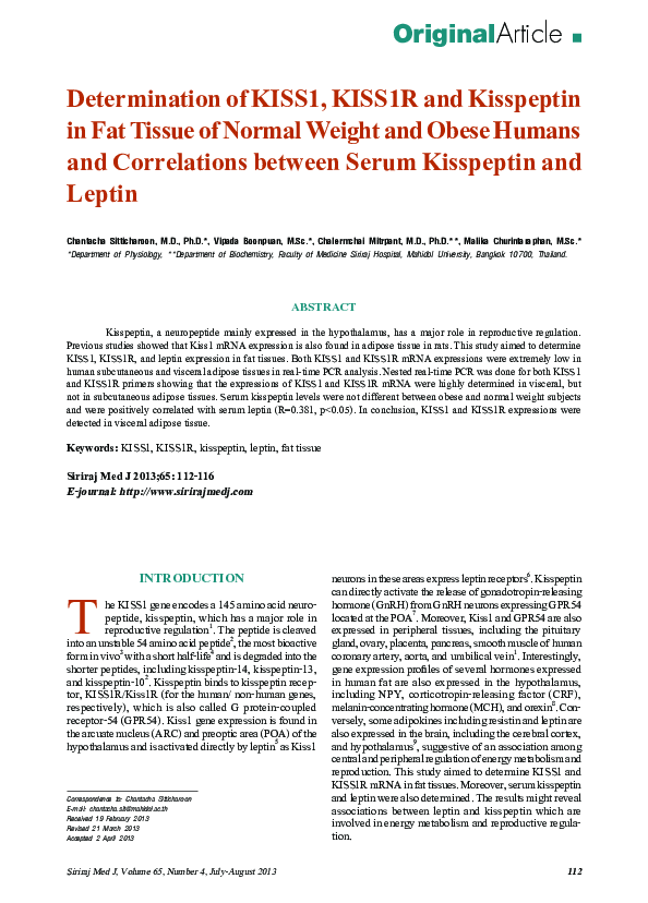 (PDF) Determination of KISS1, KISS1R and Kisspeptin in Fat Tissue of ...