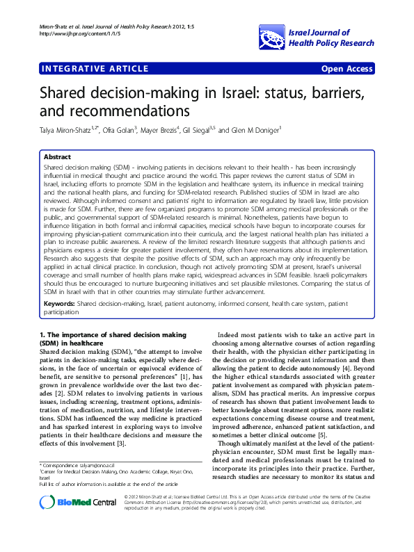 (PDF) Shared decision-making in Israel: status, barriers, and ...