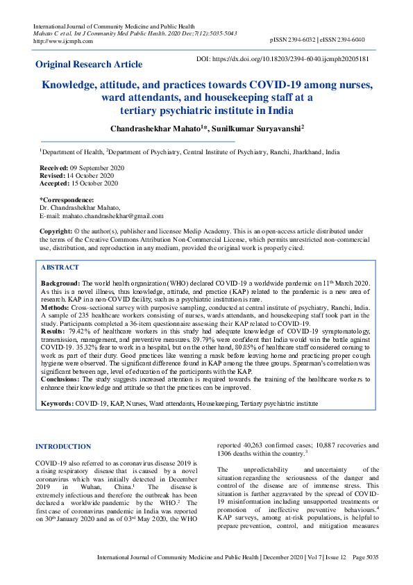 (PDF) Knowledge, attitude, and practices towards COVID-19 among nurses ...