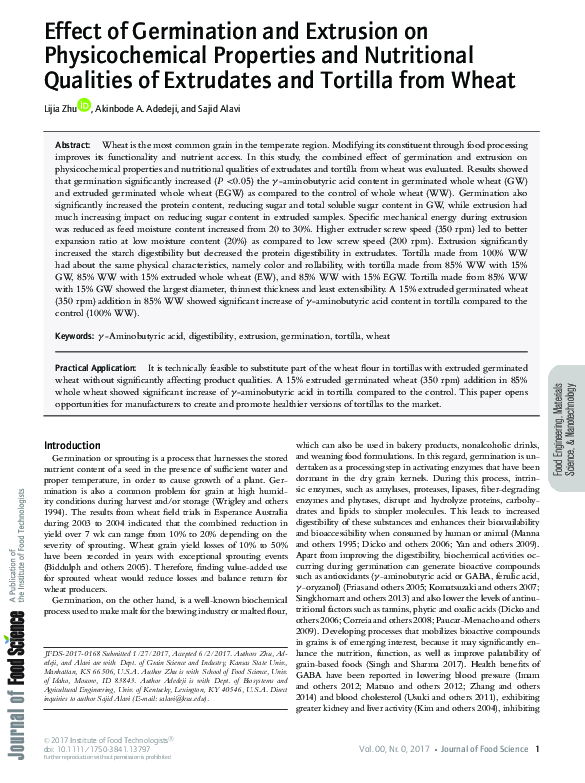 (PDF) Effect of Germination and Extrusion on Physicochemical Properties ...