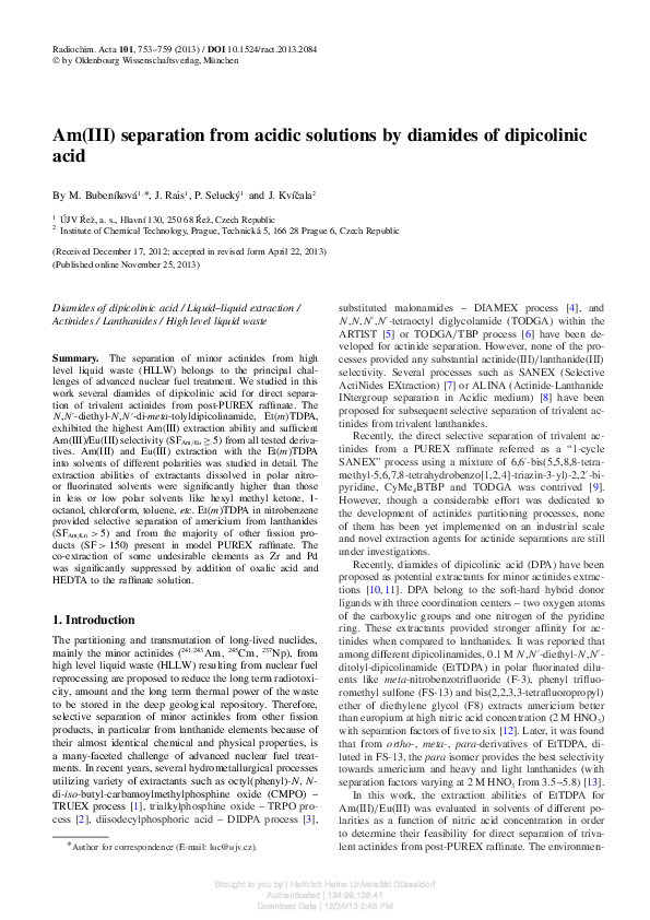 (PDF) Am(III) separation from acidic solutions by diamides of ...