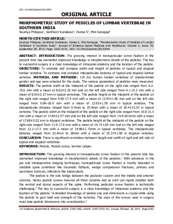 (PDF) Morphometric Study of Pedicles of Lumbar Vertebrae in Southern India