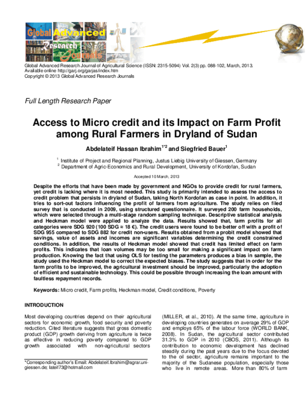 (PDF) Access to Micro credit and its Impact on Farm Profit among Rural ...