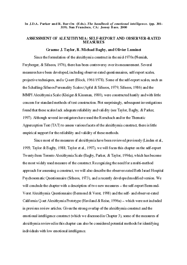(PDF) Assessment of Alexithymia: Self-Report and Observer-Rated Measures