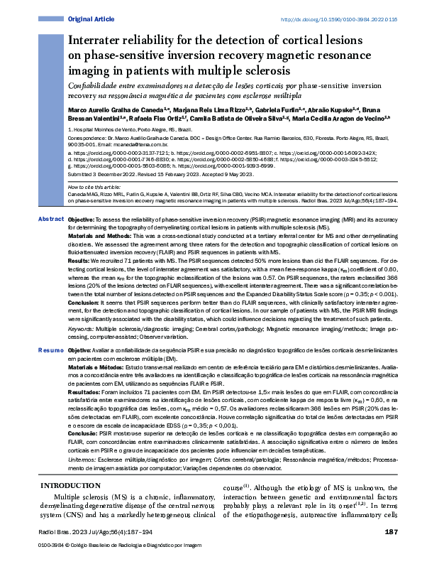 (PDF) Interrater reliability for the detection of cortical lesions on ...