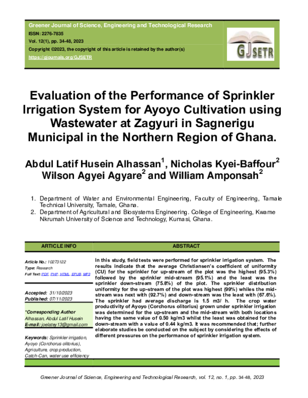 (PDF) Evaluation of the Performance of Sprinkler Irrigation System for ...