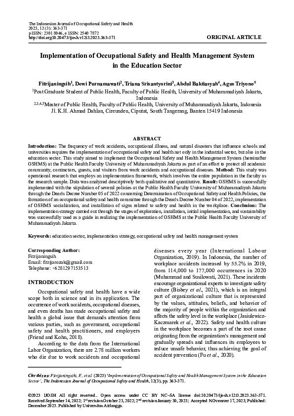 (PDF) Implementation of Occupational Safety and Health Management ...