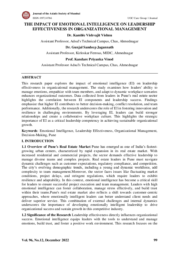 (PDF) THE IMPACT OF EMOTIONAL INTELLIGENCE ON LEADERSHIP EFFECTIVENESS ...