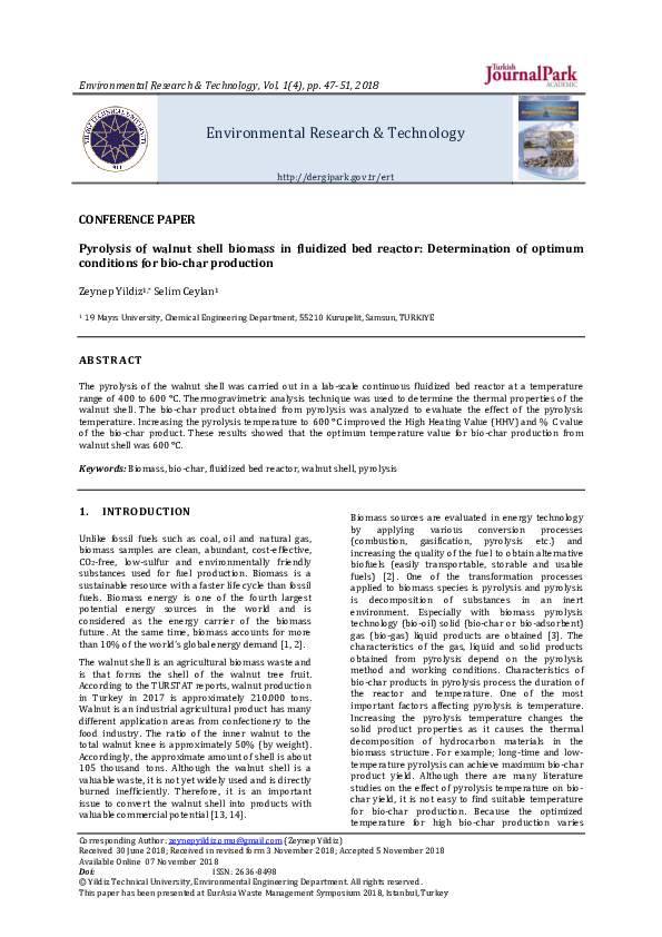 (PDF) Pyrolysis of walnut shell biomass in fluidized bed reactor ...