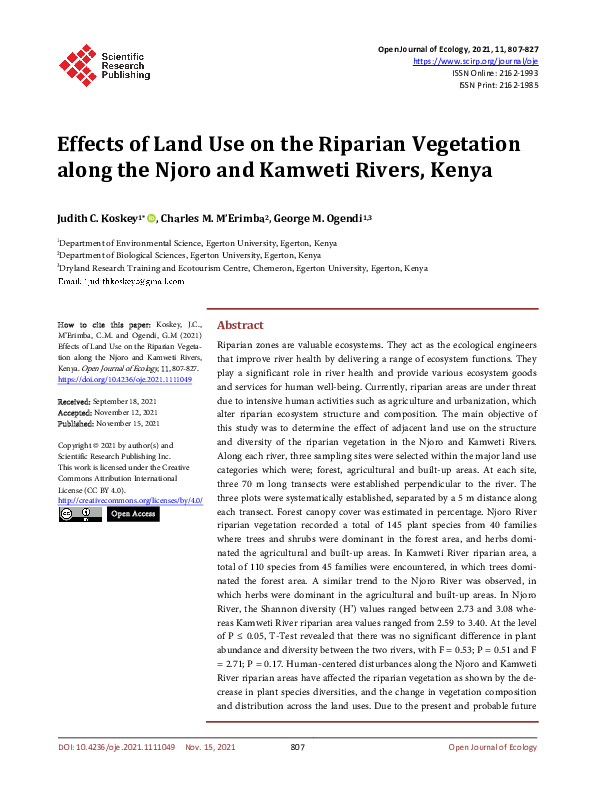 (PDF) Effects of Land Use on the Riparian Vegetation along the Njoro ...