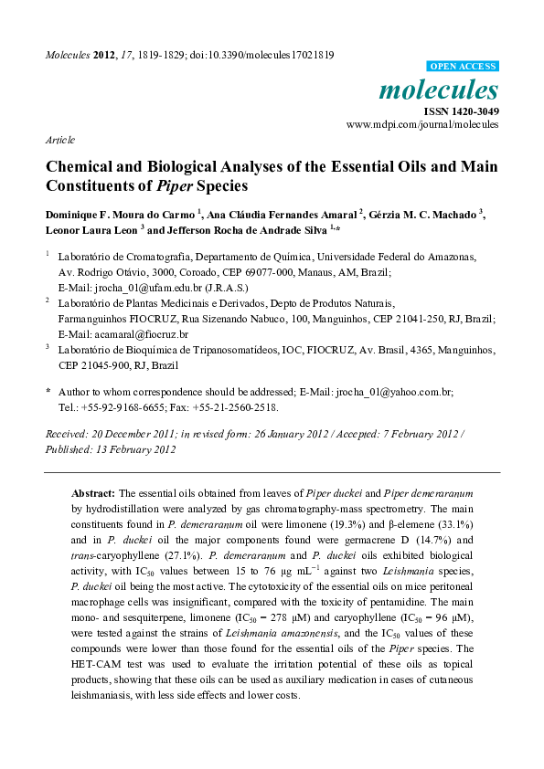 (PDF) Chemical and Biological Analyses of the Essential Oils and Main ...