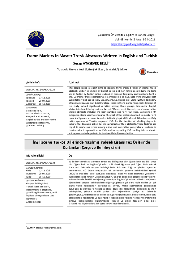 (PDF) Frame Markers in Master Thesis Abstracts Written in English and ...