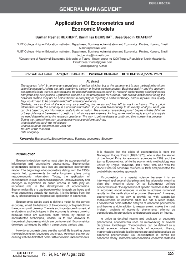 (PDF) Application Of Econometrics and Economic Models