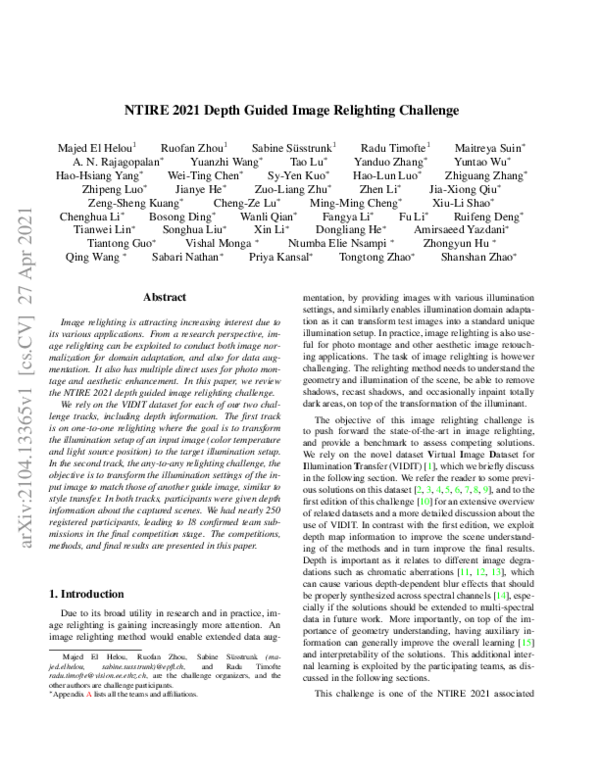 (PDF) NTIRE 2021 Depth Guided Image Relighting Challenge