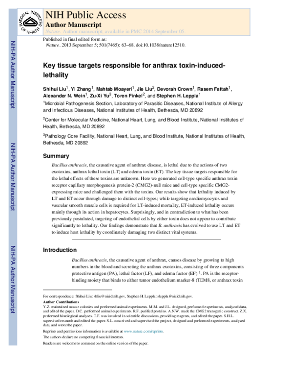 (PDF) Key tissue targets responsible for anthrax-toxin-induced lethality