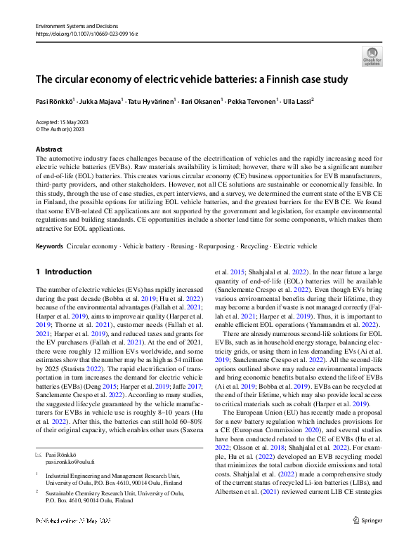(PDF) The circular economy of electric vehicle batteries: a Finnish ...