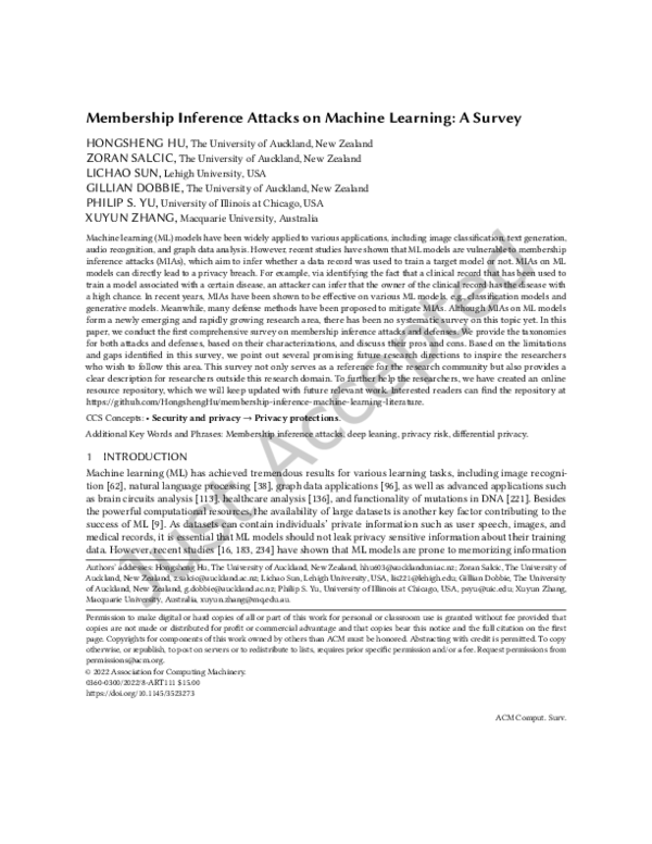 (PDF) Membership Inference Attacks on Machine Learning: A Survey