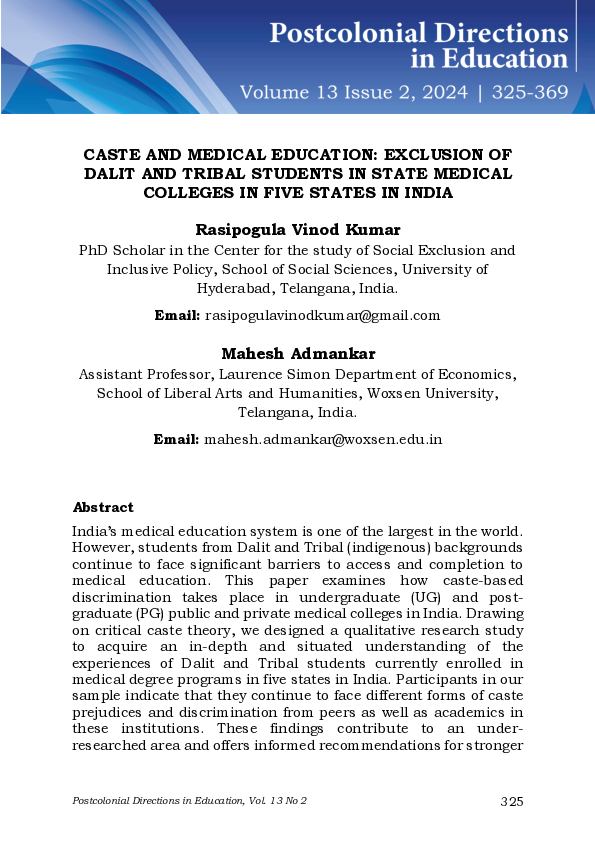 (PDF) Caste And Medical Education: Exclusion of Dalit and Tribal ...
