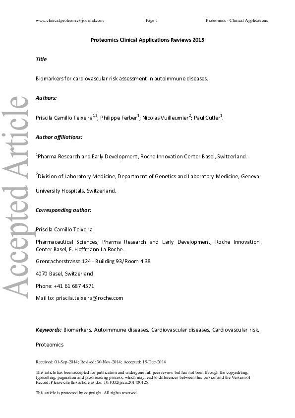 (PDF) Biomarkers for cardiovascular risk assessment in autoimmune diseases