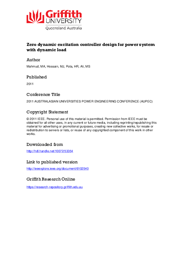 (PDF) Zero dynamic excitation controller design for power system with ...