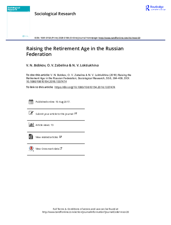 (PDF) Raising the Retirement Age in the Russian Federation