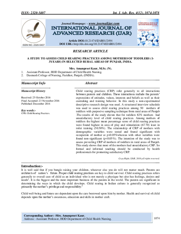 (PDF) A Study to Assess Child Rearing Practices Among Mothers of ...