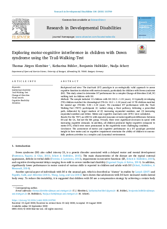 (PDF) Exploring motor-cognitive interference in children with Down ...