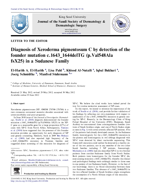 (PDF) Diagnosis of Xeroderma pigmentosum C by detection of the founder ...