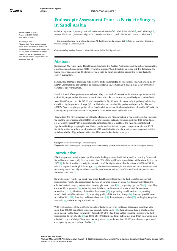 (PDF) Endoscopic Assessment Prior to Bariatric Surgery in Saudi Arabia