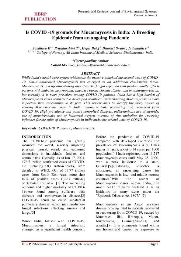 (PDF) Is COVID -19 grounds for Mucormycosis in India: A Breeding ...