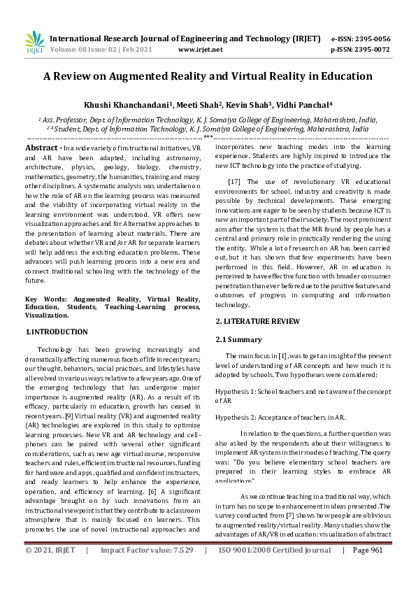(PDF) A Review on Augmented Reality and Virtual Reality in Education