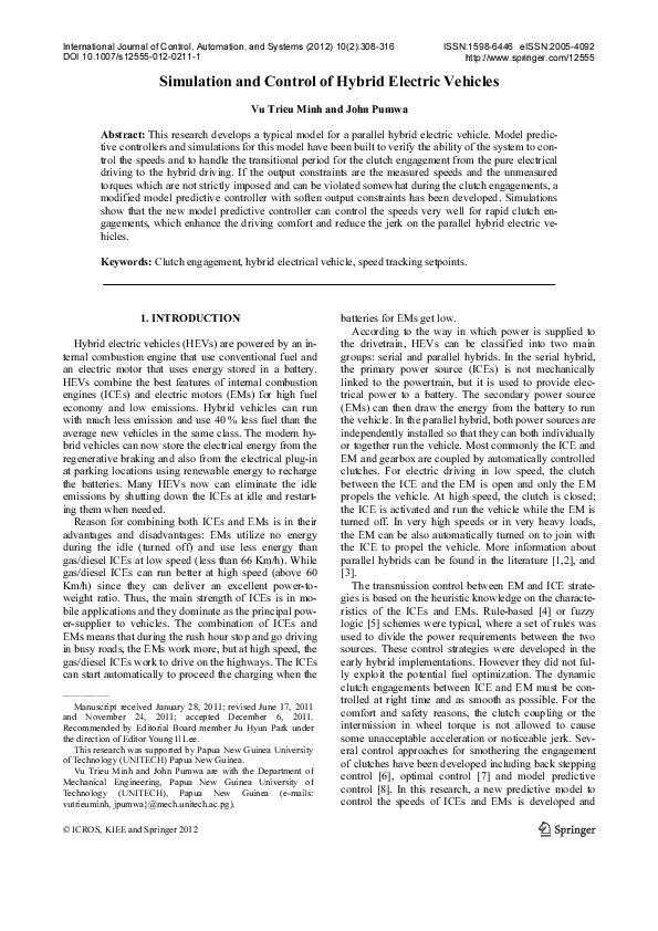 (PDF) Simulation and control of hybrid electric vehicles