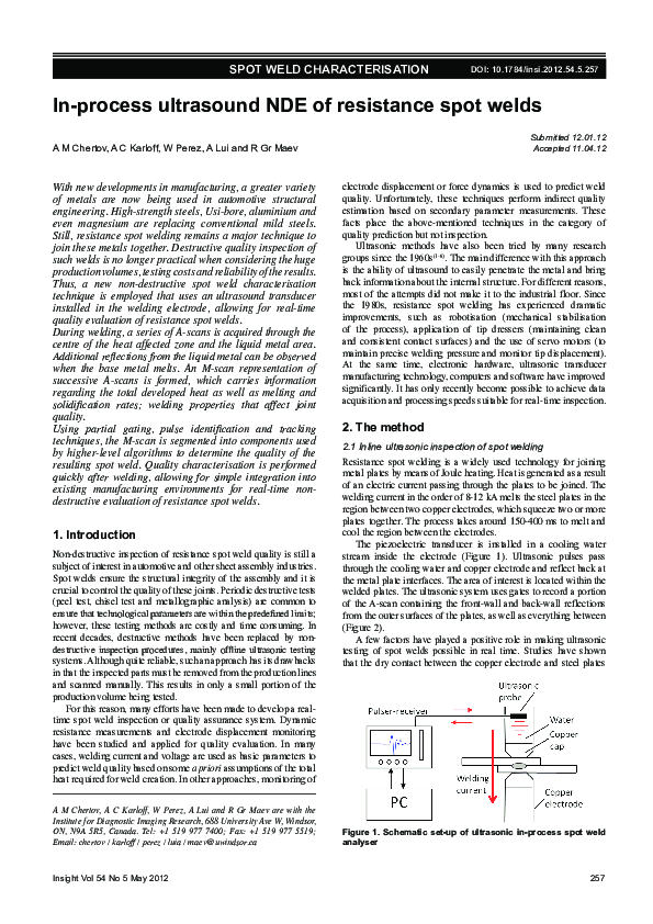 (PDF) In-process ultrasound NDE of resistance spot welds