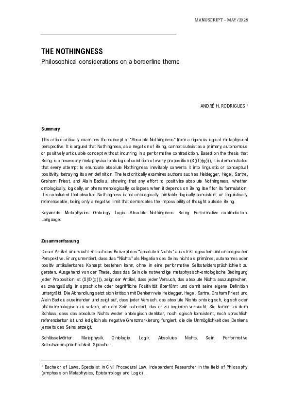(PDF) The Nothingness: Philosophical considerations on a borderline theme