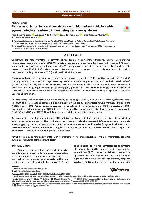 (PDF) Retinal vascular calibers and correlations with biomarkers in ...