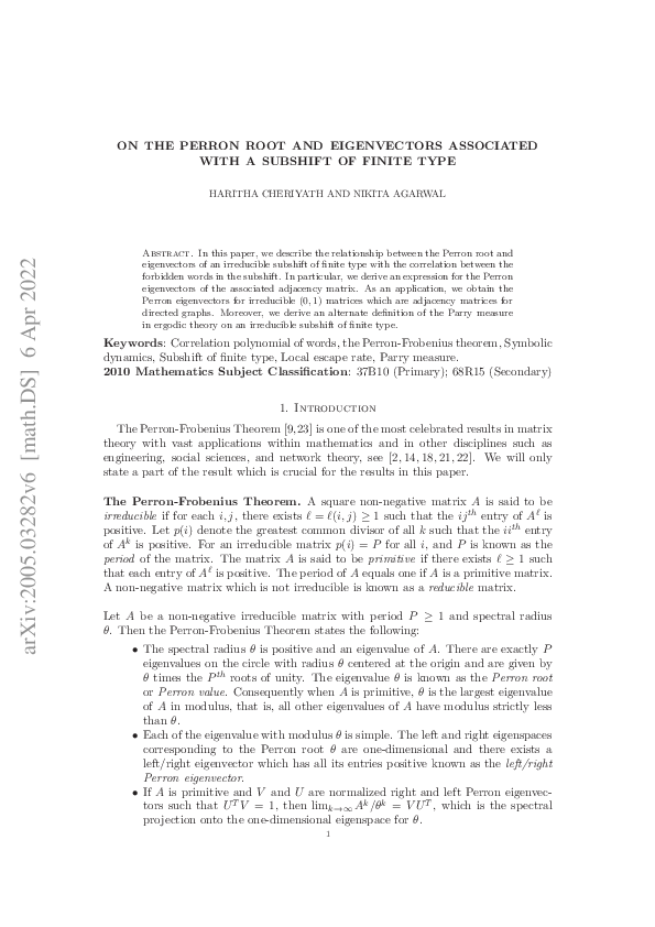 (PDF) On the Perron root and eigenvectors associated with a subshift of ...
