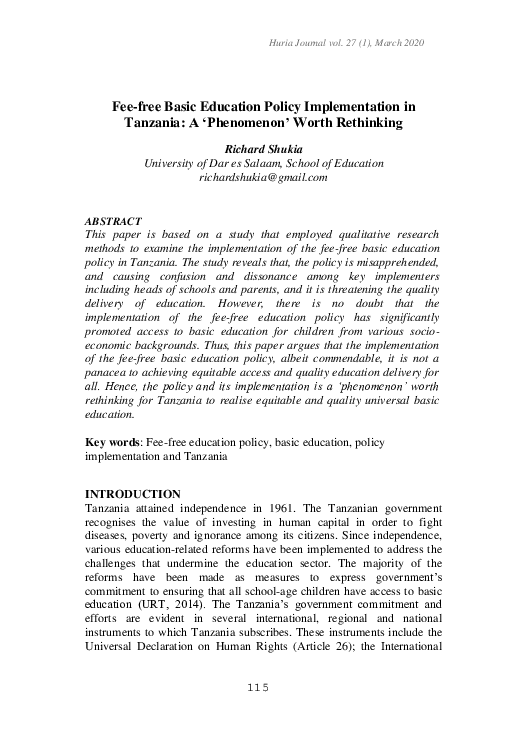 (PDF) Fee-free Basic Education Policy Implementation in Tanzania: A ...