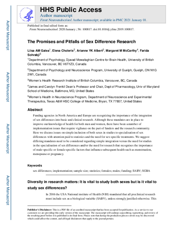 (PDF) The promises and pitfalls of sex difference research