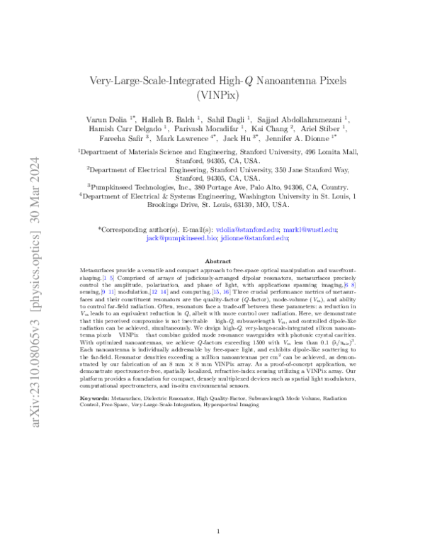 (PDF) Very-Large-Scale Integrated High-$Q$ Nanoantenna Pixels (VINPix)