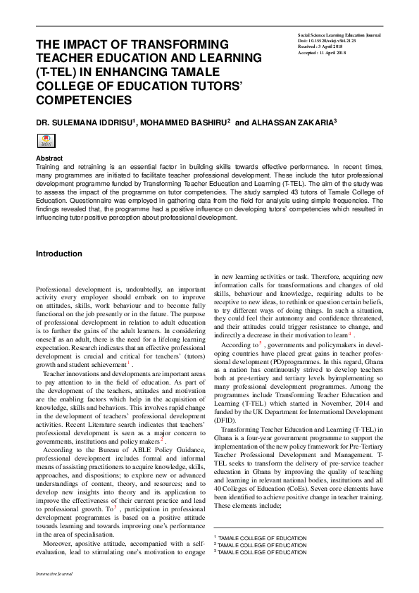 (PDF) THE IMPACT OF TRANSFORMING TEACHER EDUCATION AND LEARNING (T-TEL ...